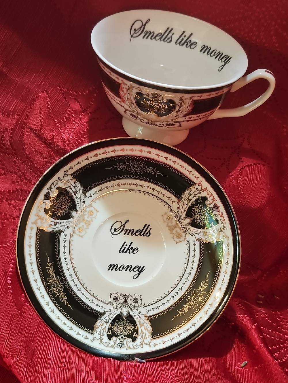 Smells Like Money Black and Gold Teacup & Saucer Set
